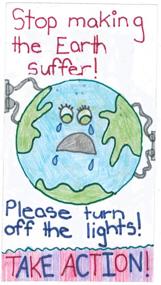 turn off the lights campaign poster: drawing of the Earth plugged in and suffering. "Stop making the Earth suffer! Please turn off the lights! Take action!"