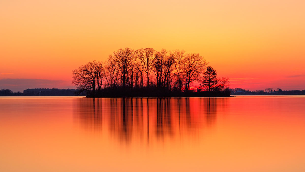 A sun setting with trees in the background and water in the foreground.