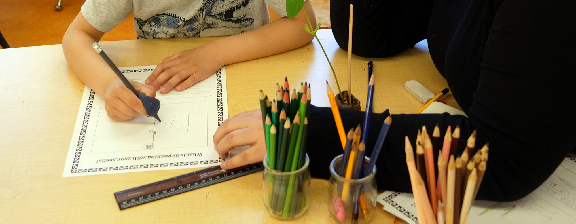 A student writing, and an educator assisting.