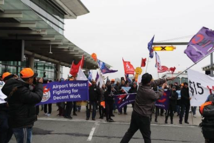 A group of airport workers protesting for better work conditions