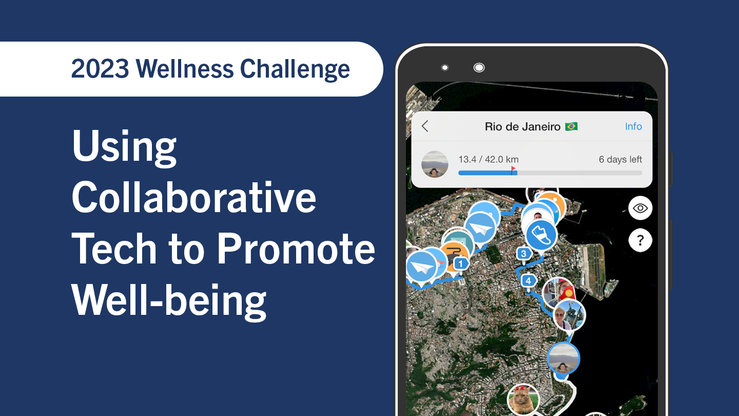 On the left, the text, "The 2023 Wellness Challenge: Using Collaborative Tech to Promote Well-being". On the right, a smartphone showing the Pacer app, with a map showing a challenge to run a marathon in Rio de Janeiro.