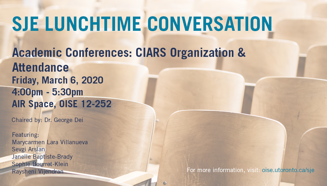 Event poster for the SJE Lunchtime Conversation - March 6, 2020.
