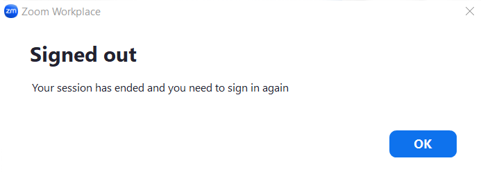 A screen saying a user is signed out of Zoom.