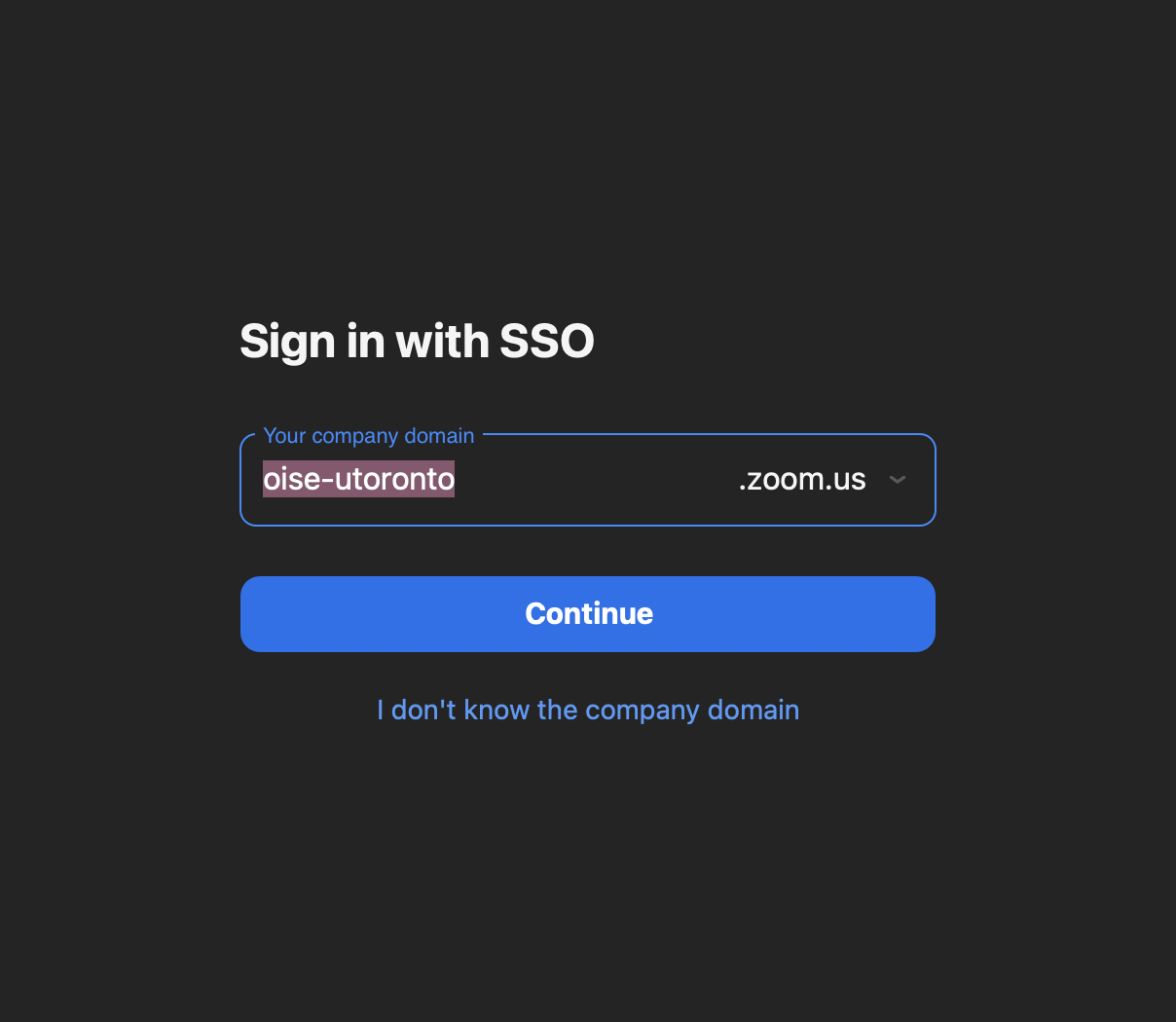 A dialogue box showing Sign in with SSO on Zoom.