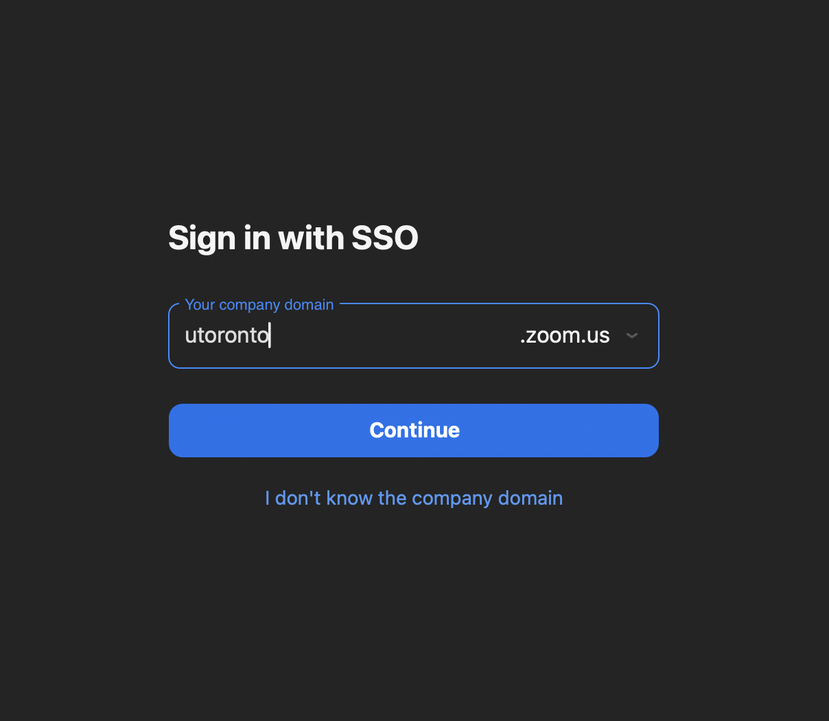 A dialogue box showing Sign in with SSO on Zoom. The input field is filled with the text "utoronto".