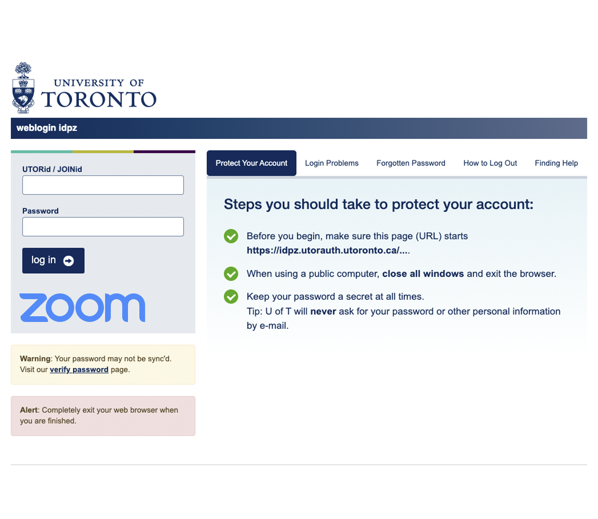  University of Toronto login screen requiring uTORID and password.
