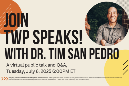 Event flyer for TWP Speaks virtual public talk and Q&A with Dr. Tim San Pedro on Tuesday, July 8, 2025 at 6PM EST
