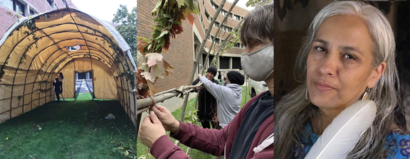 Three photos appear in this image. First is a photo of the Mother Earth Learning Lodge. Second is a young person helping to erect the lodge. Third is Dr. Debby Danard.