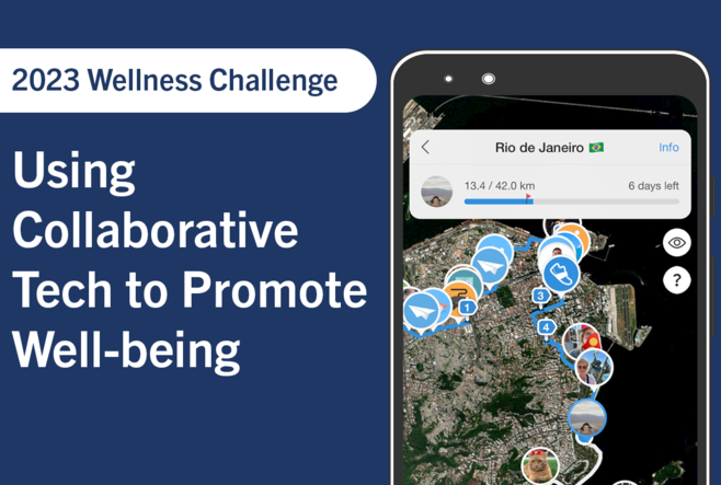 On the left, the text, "The 2023 Wellness Challenge: Using Collaborative Tech to Promote Well-being". On the right, a smartphone showing the Pacer app, with a map showing a challenge to run a marathon in Rio de Janeiro.