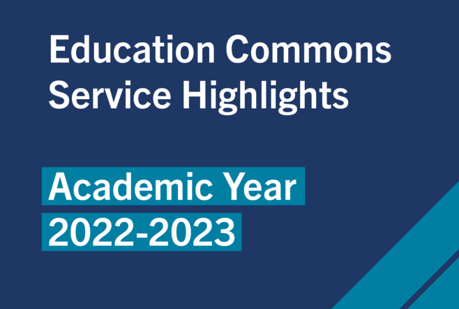 White text on a blue background with light blue stripes in the lower-right corner. The text reads "Education Commons Service Highlights - Academic Year 2022-2023".