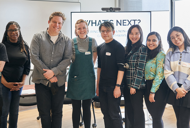Photo: (L-R); Organizers, speakers, and volunteers for the day pose in a group photo: Claudio Jaramillo-Yanquepe, Dr. Dominique Riviere, Dr. Arlo Kempf, Lindsay Cavanaugh, Dr. Chun Chih Chen, Zian (Kelly) Zhang, Aakriti Mahajan, Amy (Sol Yi) Kim, Qiongli (Lisa) Zhu. 