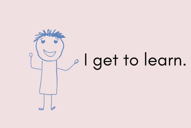 A drawing of a person, with the words, I get to learn.