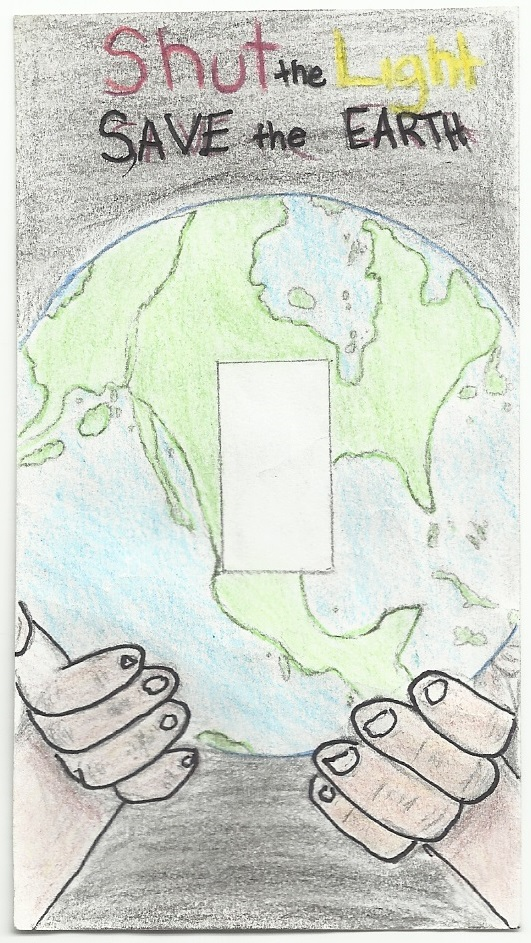 turn off the lights campaign poster: drawing of the Earth being held by two hands in a black backgroung. "Shut the lights. Save the Earth"