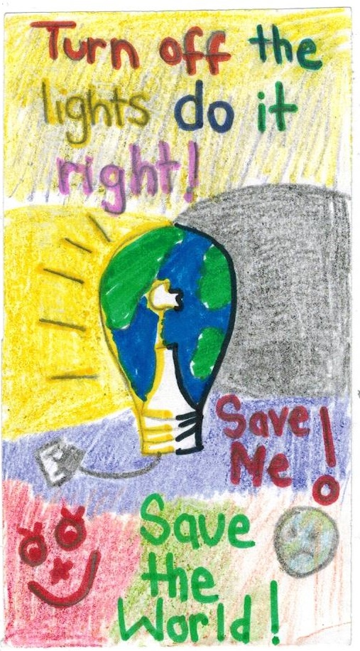 turn off the lights campaign poster: drawing of the Earth as a light bulb with colourful background. "Turn off the lights, do it right!"