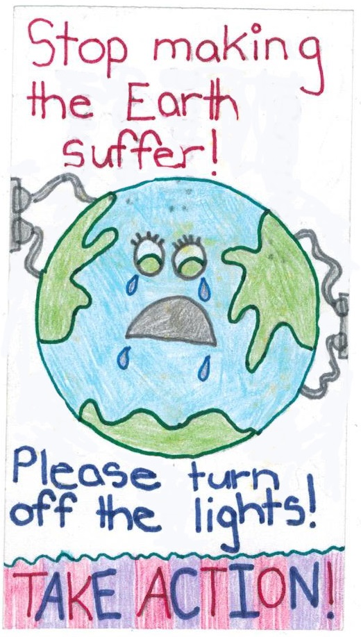 turn off the lights campaign poster: drawing of the Earth plugged in and suffering. "Stop making the Earth suffer! Please turn off the lights! Take action!"