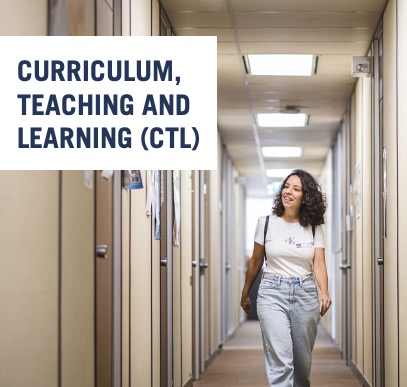 Photo of a student walking in the halls of OISE with an overlay spelling CTL