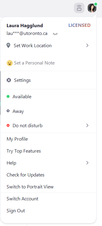 zoom user drop-down menu