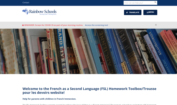 The FSL website's homepage, showing a row of books.