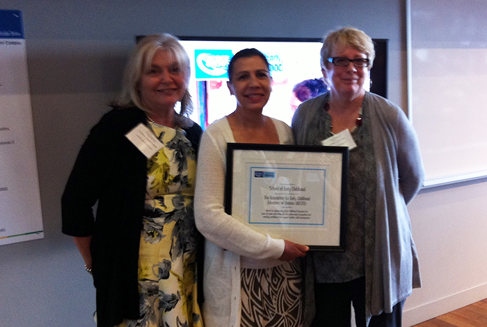 Left to Right: Particia Chorney Rubin (George Brown College), Eduarda Sousa (AECEO), and Rachel Langford (Ryerson University)