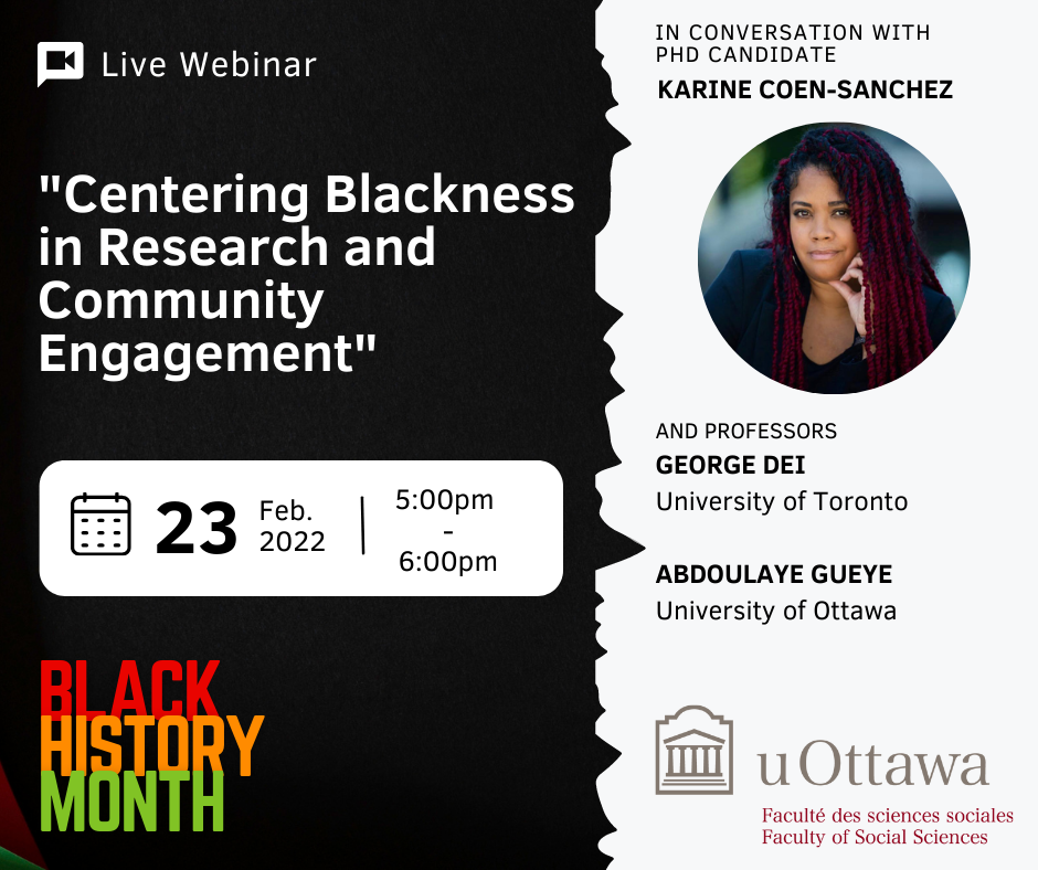 Event poster for the "Centering Blackness in Research and Community Engagement" live webinar.