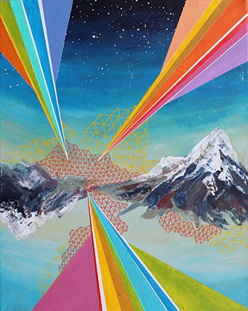 An illustration composed of many different mediums and textures including acrylic paint, thread, and chalk pastel. Near the centre of the canvas, two mountains have been painted one upright and one turned upside down.