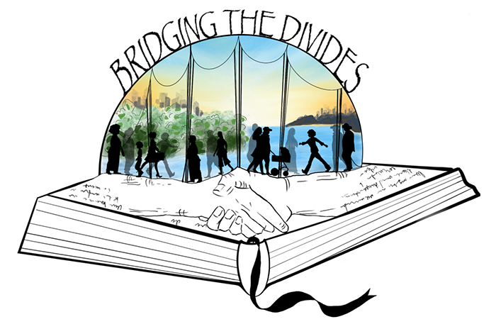 An illustration of an open book, with a circle popping out with people walking in it. The title "Bridging the Divides" is at the top of the circle. The books pages are two hands shaking.