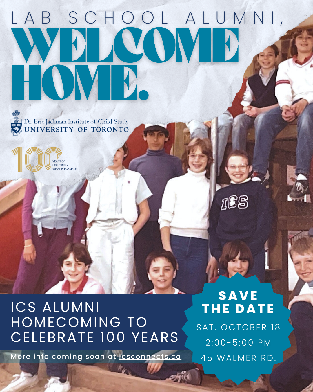 save the date for the ICS Alumni Homecoming to Celebrate 100 Years. October 18 from 2-5pm at the JICS Lab School.