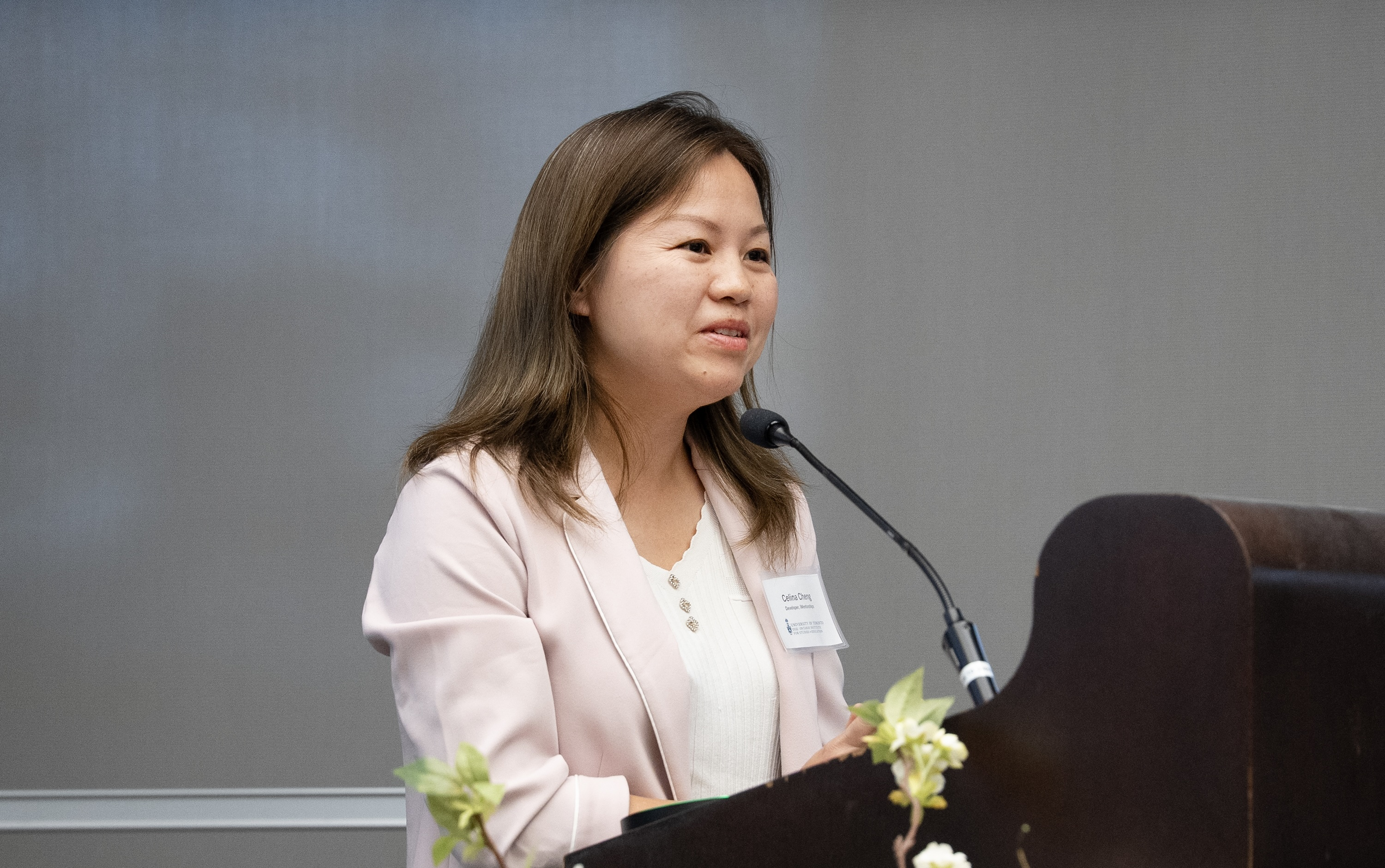 Celina Cheng speaking at the 2025 Mentorship Program launch on Oct. 7 at the OISE Library (photo by Jenna Muirhead Photography)