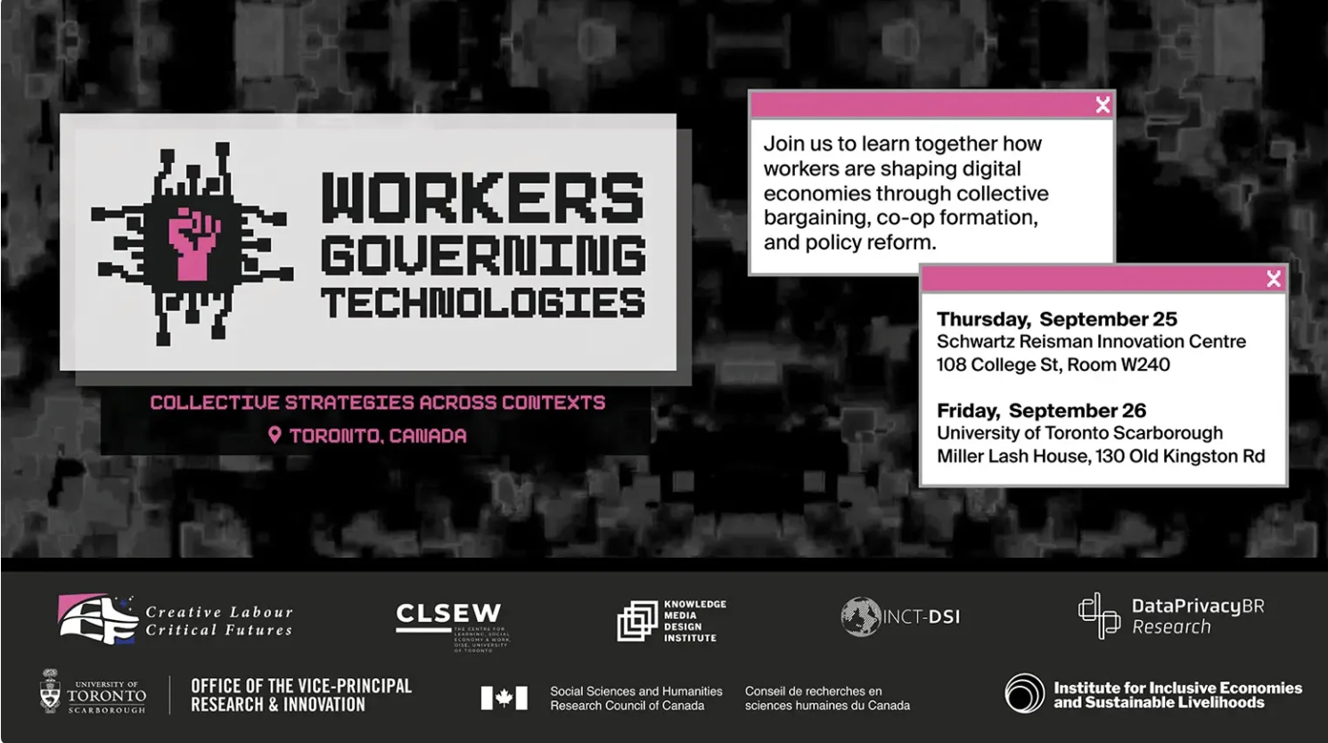 Poster for Workers Governing Technologies Workshop held in Toronto, Sep 25-26, co-sponsored by the Centre for Learning Social Economy and Work