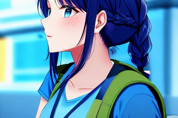 illustration of person with braids wearing a blue shirt and carrying a backpack