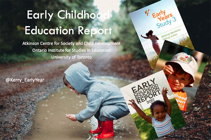 A child looking at a muddy puddle, with the title "Early Childhood Education Report" and some report covers.