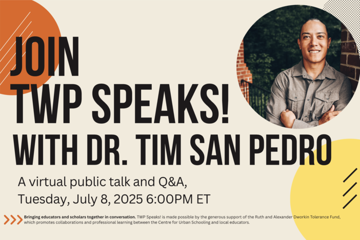 Event flyer for TWP Speaks virtual public talk and Q&A with Dr. Tim San Pedro on Tuesday, July 8, 2025 at 6PM EST