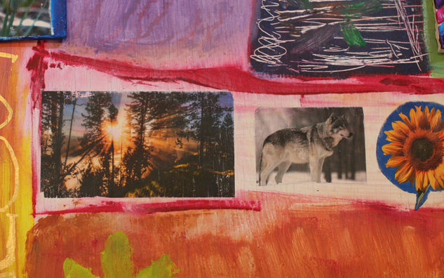 artwork detail with collage of forest, wolf and sunflower images