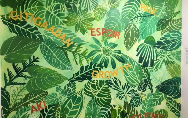 painted leaves mural with shades of green