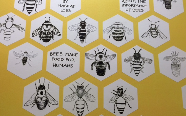 bees' black and white drawing collage on yellow background