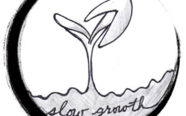 black and white circular drawing of sprouting leaf with the words 'slow growth'