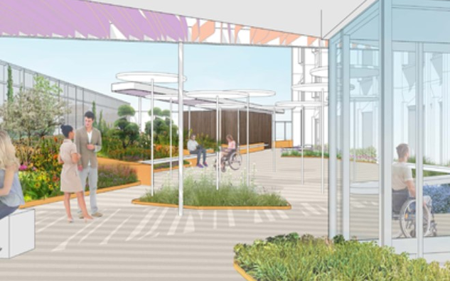 A rendering of a light, bright, and airy terrace with lots of greenery and people enjoying the space.