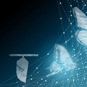 Abstract drawings depicting the metamorphosis from a caterpillar to a butterfly, on a dark blue background.