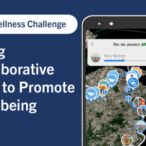 On the left, the text, "The 2023 Wellness Challenge: Using Collaborative Tech to Promote Well-being". On the right, a smartphone showing the Pacer app, with a map showing a challenge to run a marathon in Rio de Janeiro.