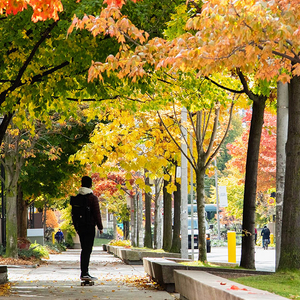A person skateboarding through U of T's St. George Campus.