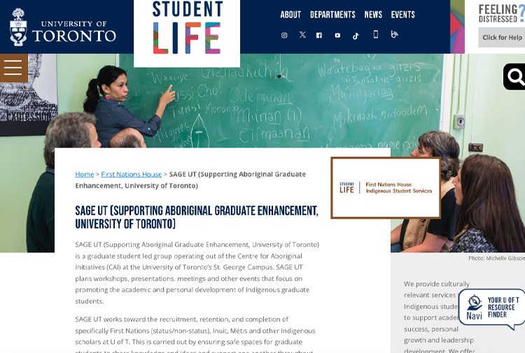Screenshot of SAGE UT (Supporting Aboriginal Graduate Enhancement, University of Toronto) website.