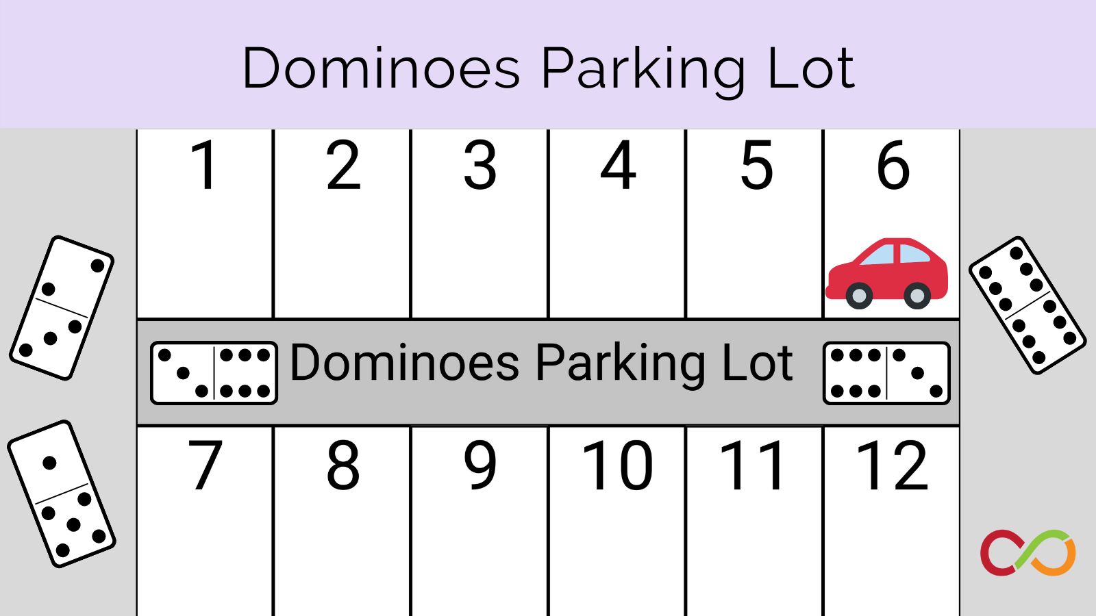 An illustration of a parking lot with some dominos. A title reads, "Dominoes Parking Lot".