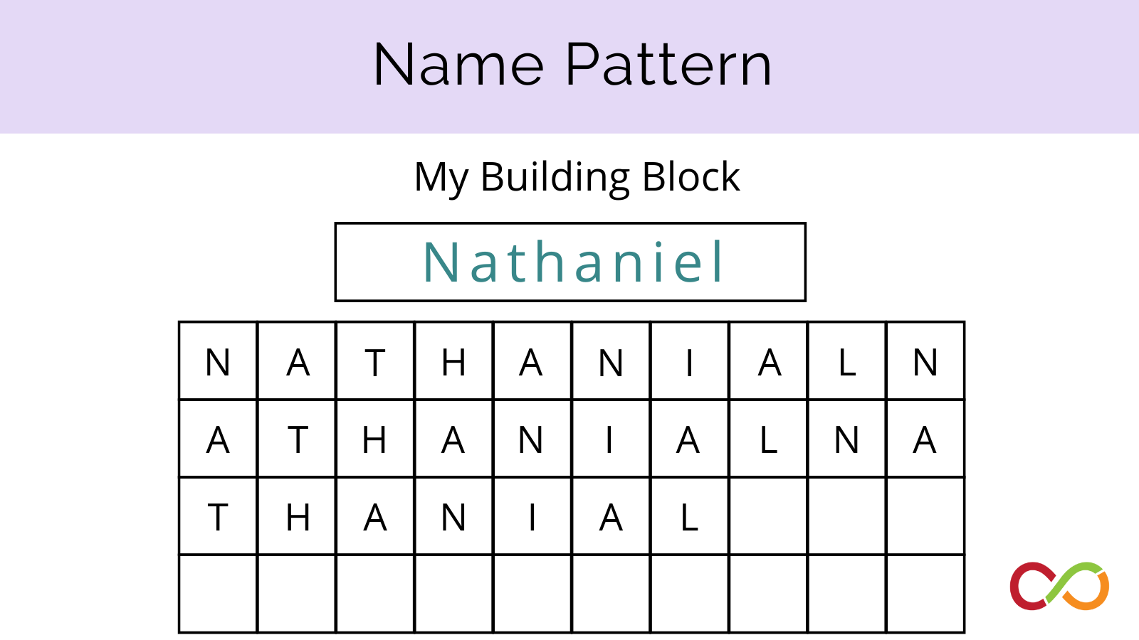 Letters of the name, Nathaniel put into different grid squares. A title at the top reads, "Name Pattern".