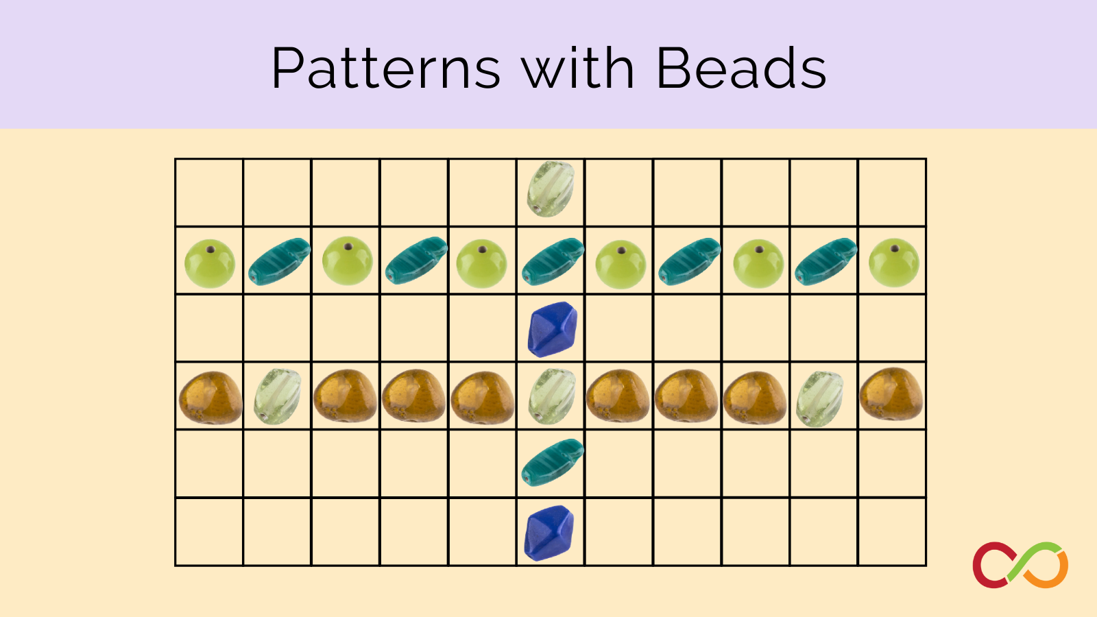 Different shapes appearing in a pattern within a grid. A title at the top reads "Patterns with Beads".