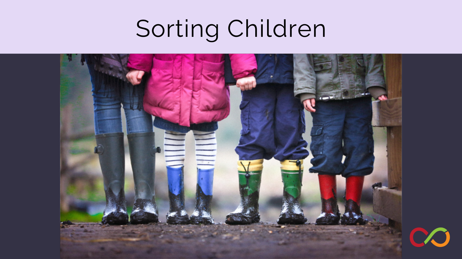 Four children standing in a row with a title that reads, "Sorting Children".
