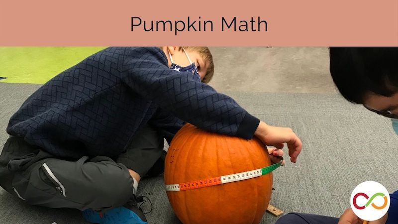 A student measuring a pumpkin with a measuring tape. A title reads, "Pumpkin Math".