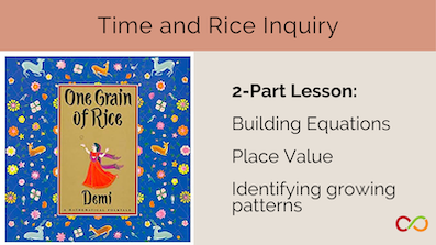 "One Grain of Rice" book cover and a 2-part lesson plan. A title also reads, "Time and Rice Inquiry".