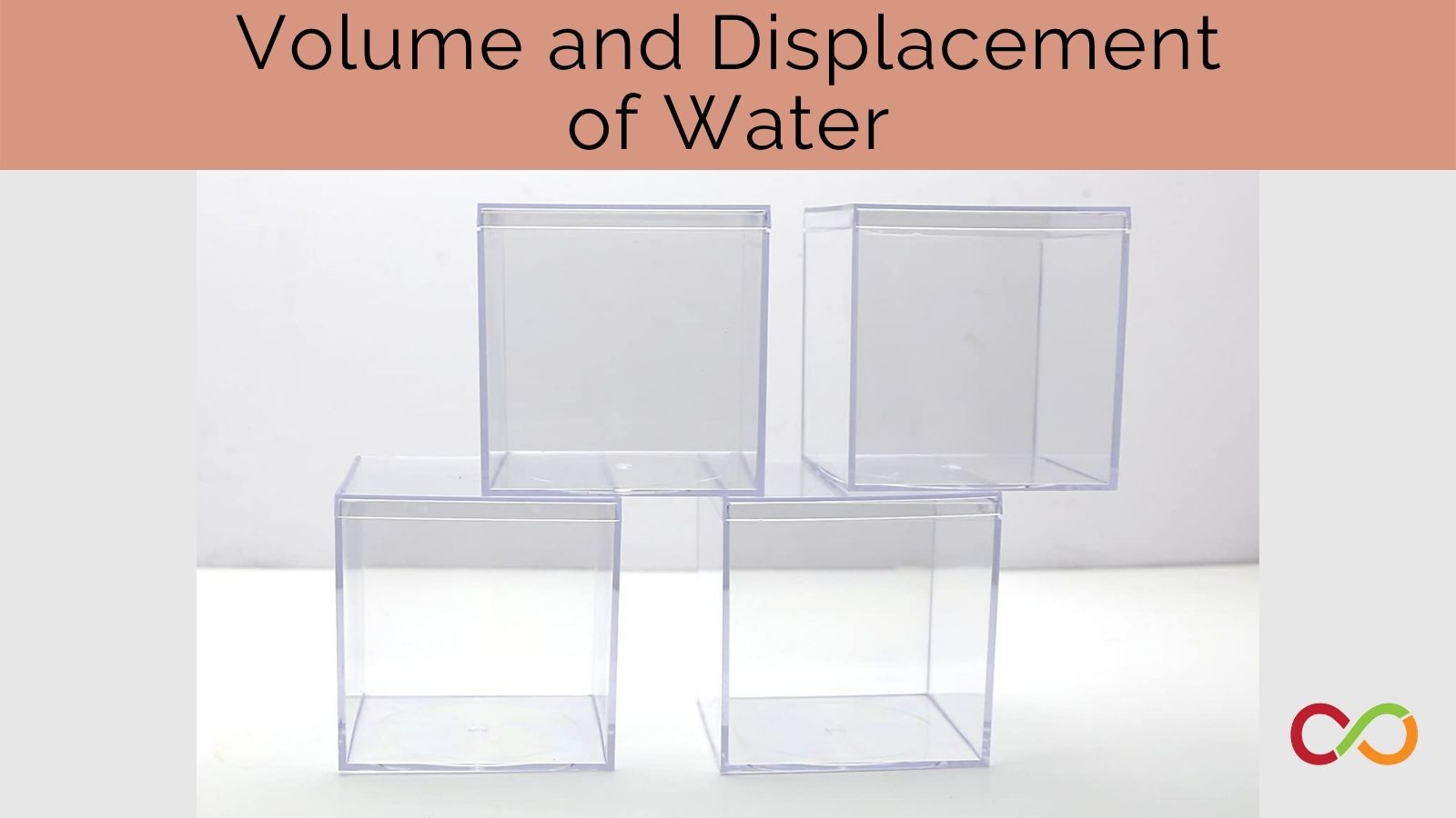 Four plastic containers stacked. A title reads, "Volume and Displacement of Water".