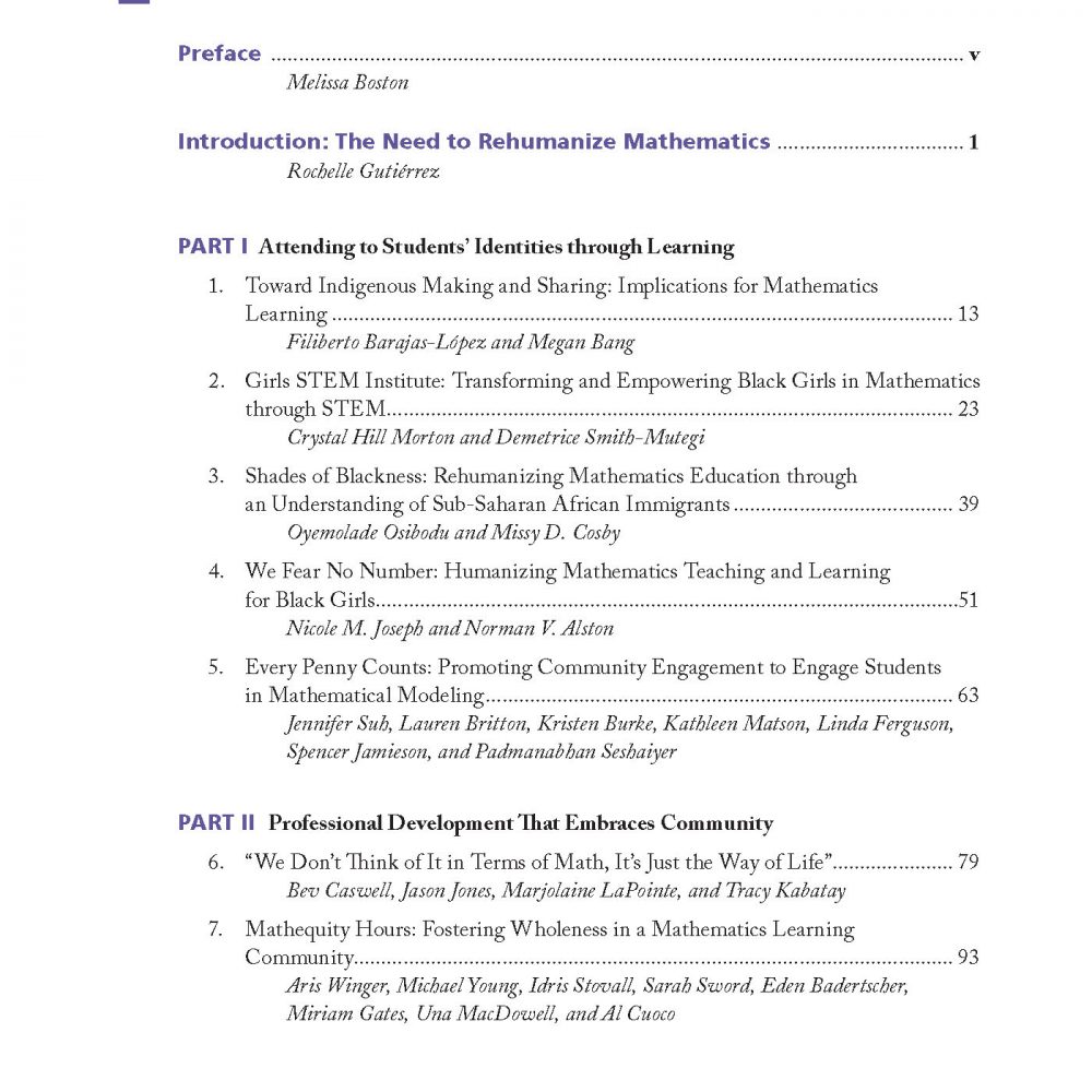 The table of contents from the 2018 volume of Annual Perspectives in Mathematics Education