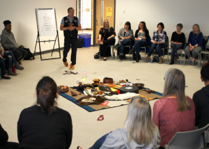 A group of people sitting in a circle in a room.